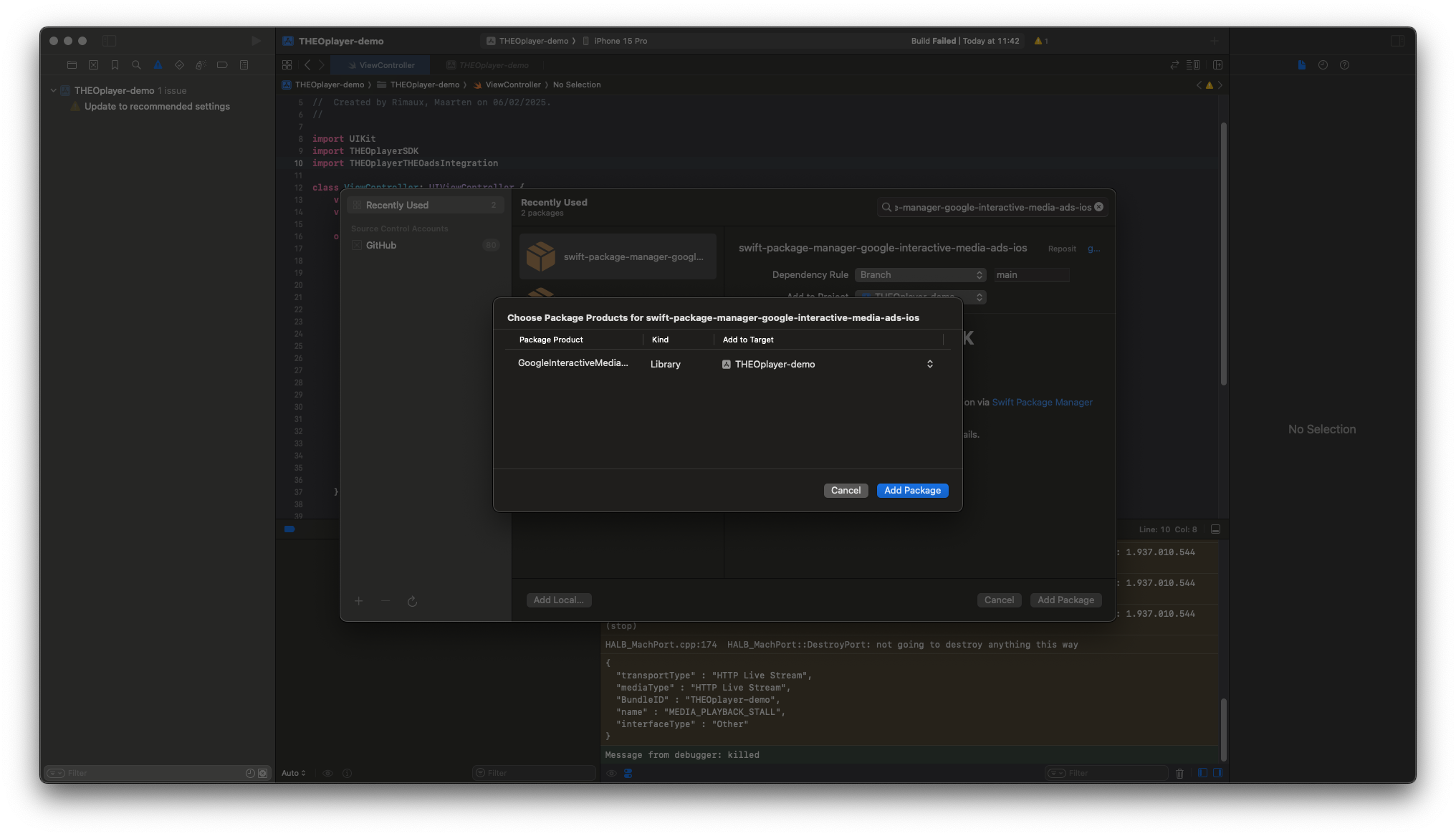 Screenshot of SwiftPM product selection