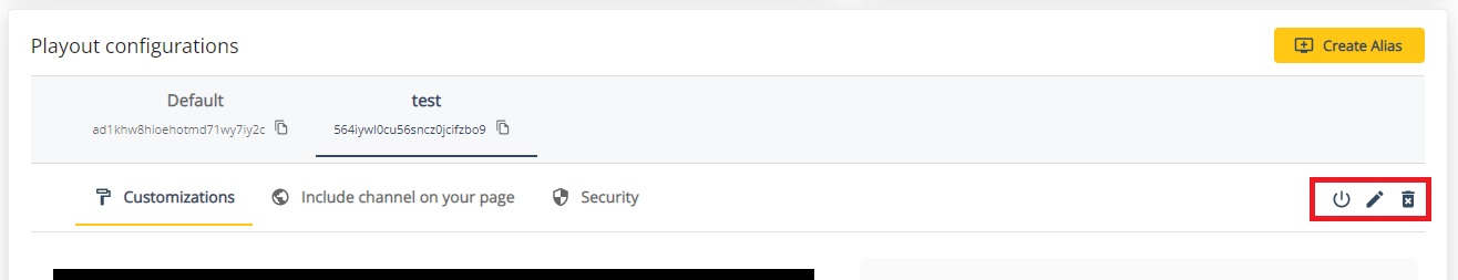 Icon buttons to disable, enable or delete an alias