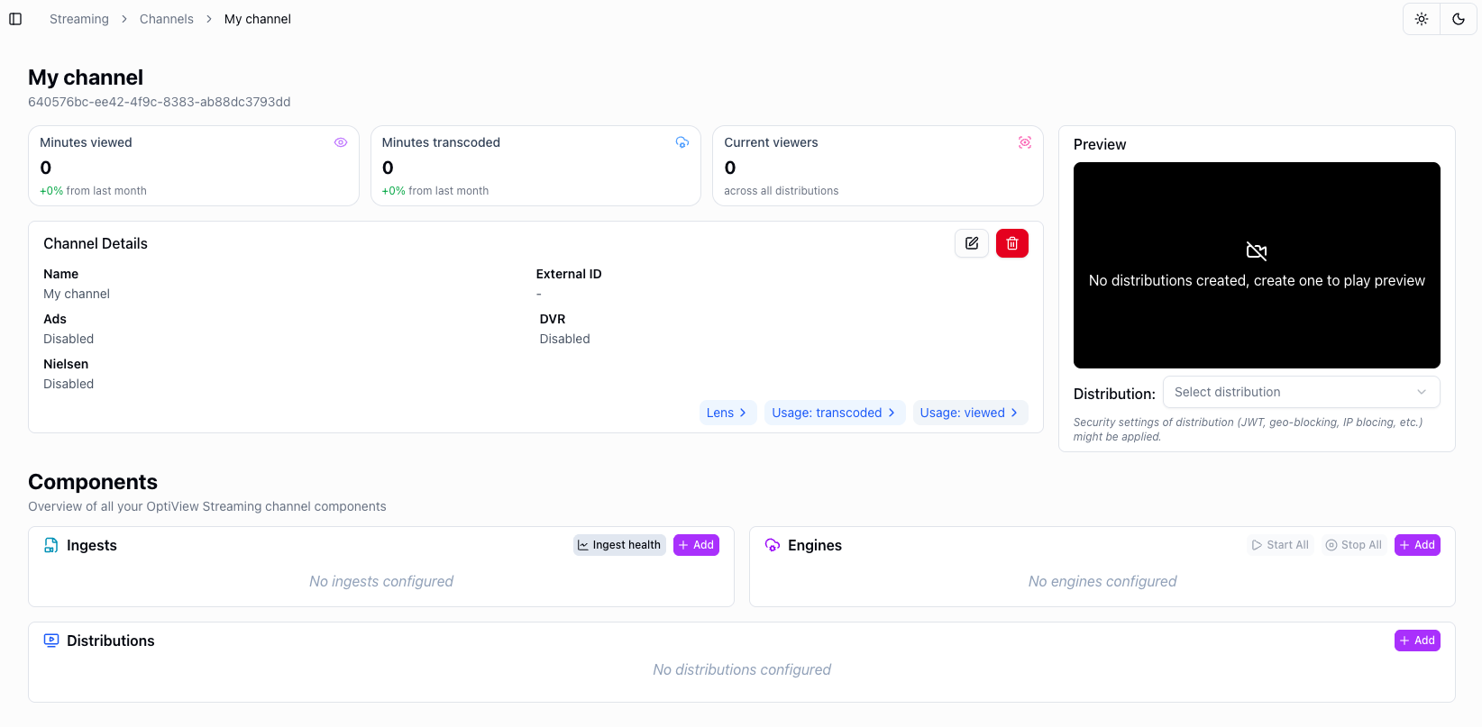 Dashboard: Details page with the possibility to configure and start your channel.