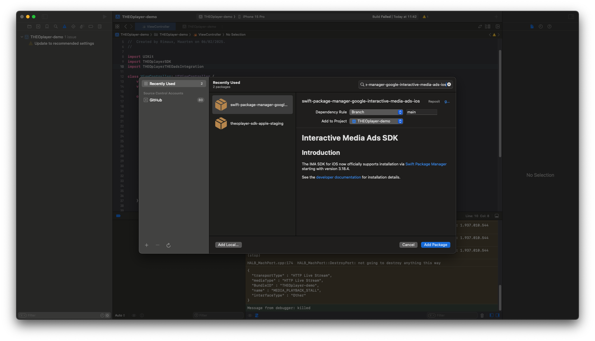 Screenshot of SwiftPM menu for Google IMA